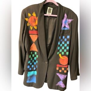 Vintage Hand Painted Black Blazer with Vibrant Abstract Design